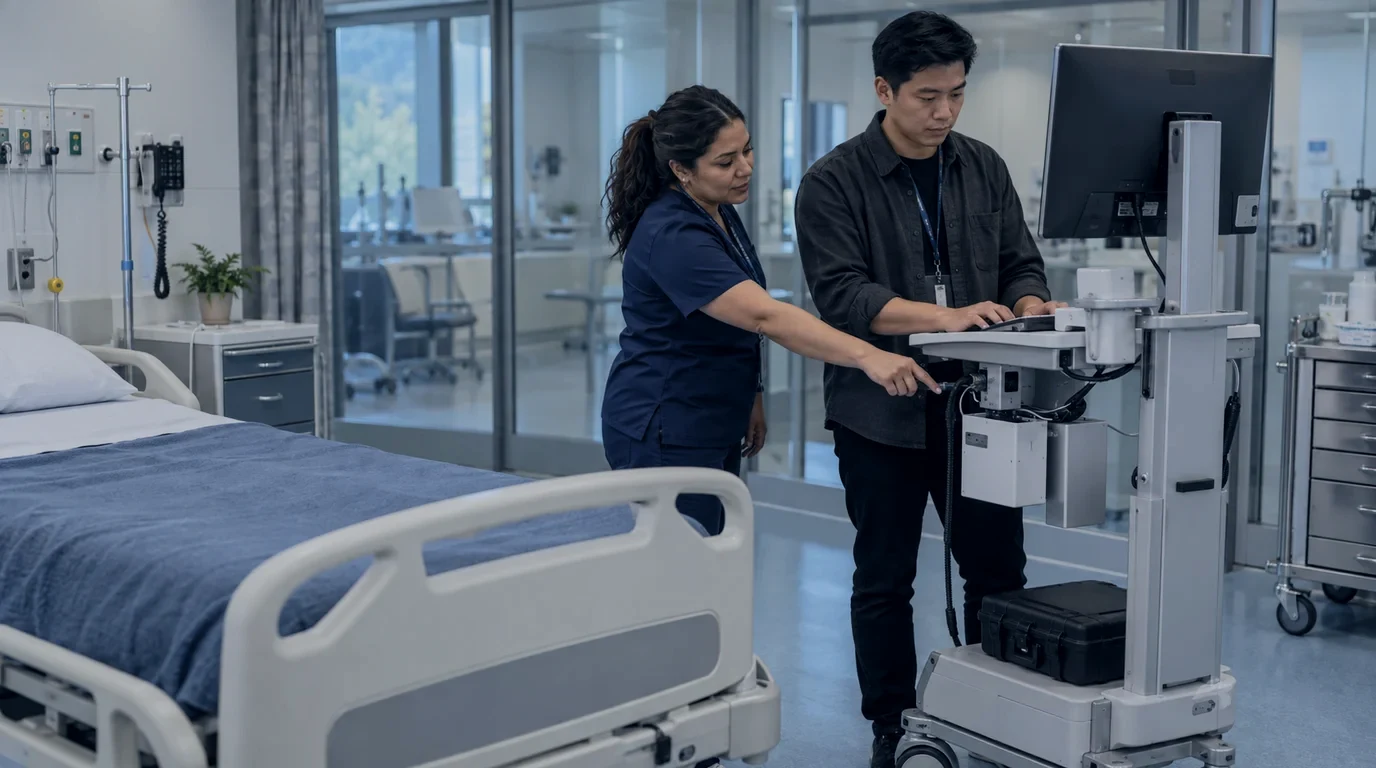 An integration engineer and clinical trainer check an unoccupied bedside training station.
