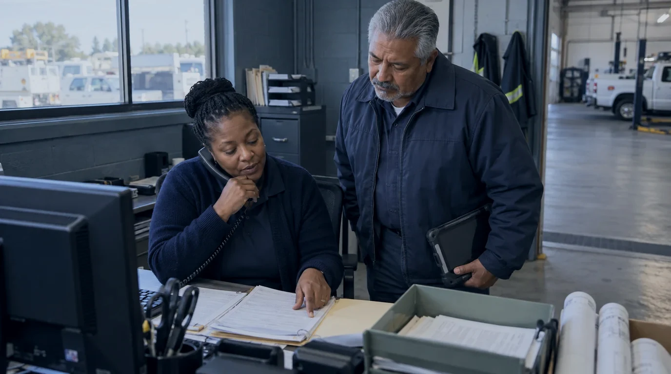 A service coordinator and field supervisor checking a job packet in a depot dispatch room