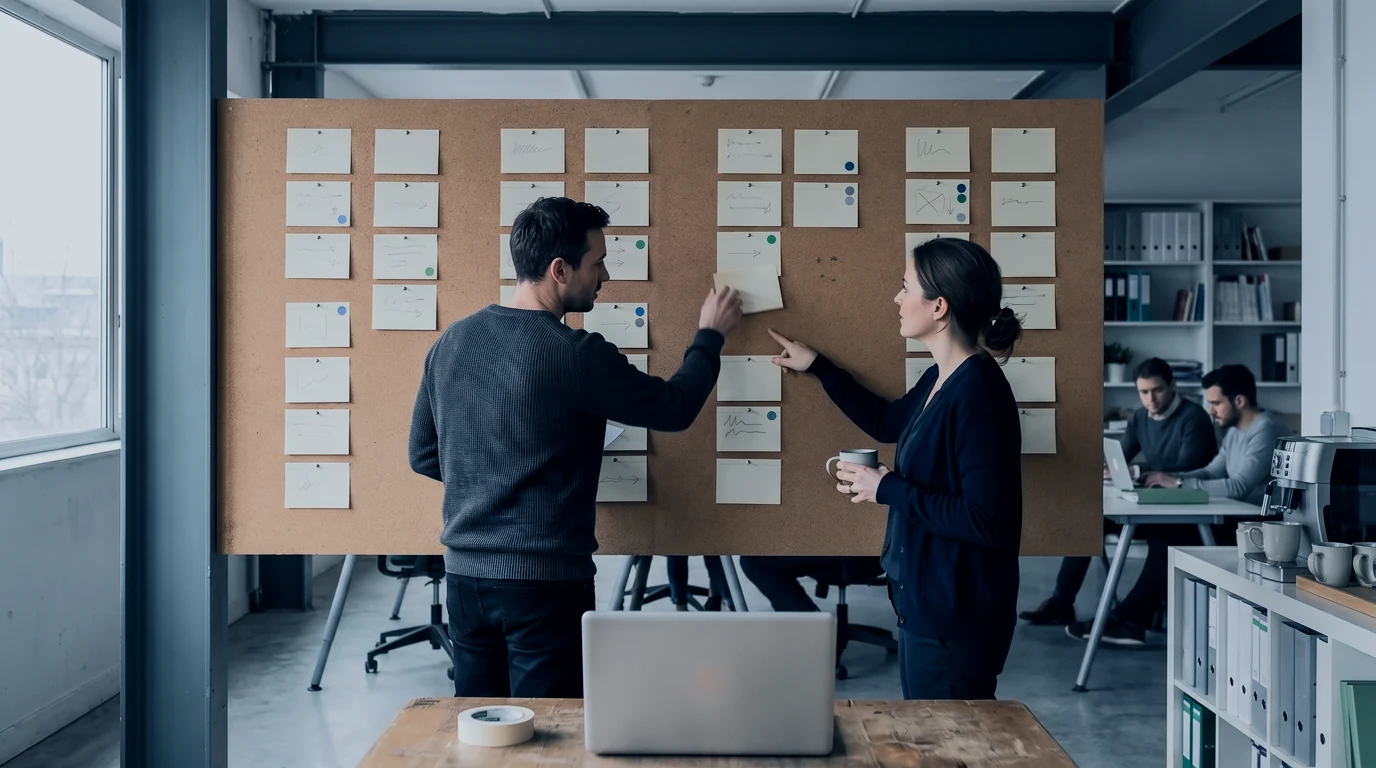 An engineer moves a card between weekly columns while an operations lead points at a gap