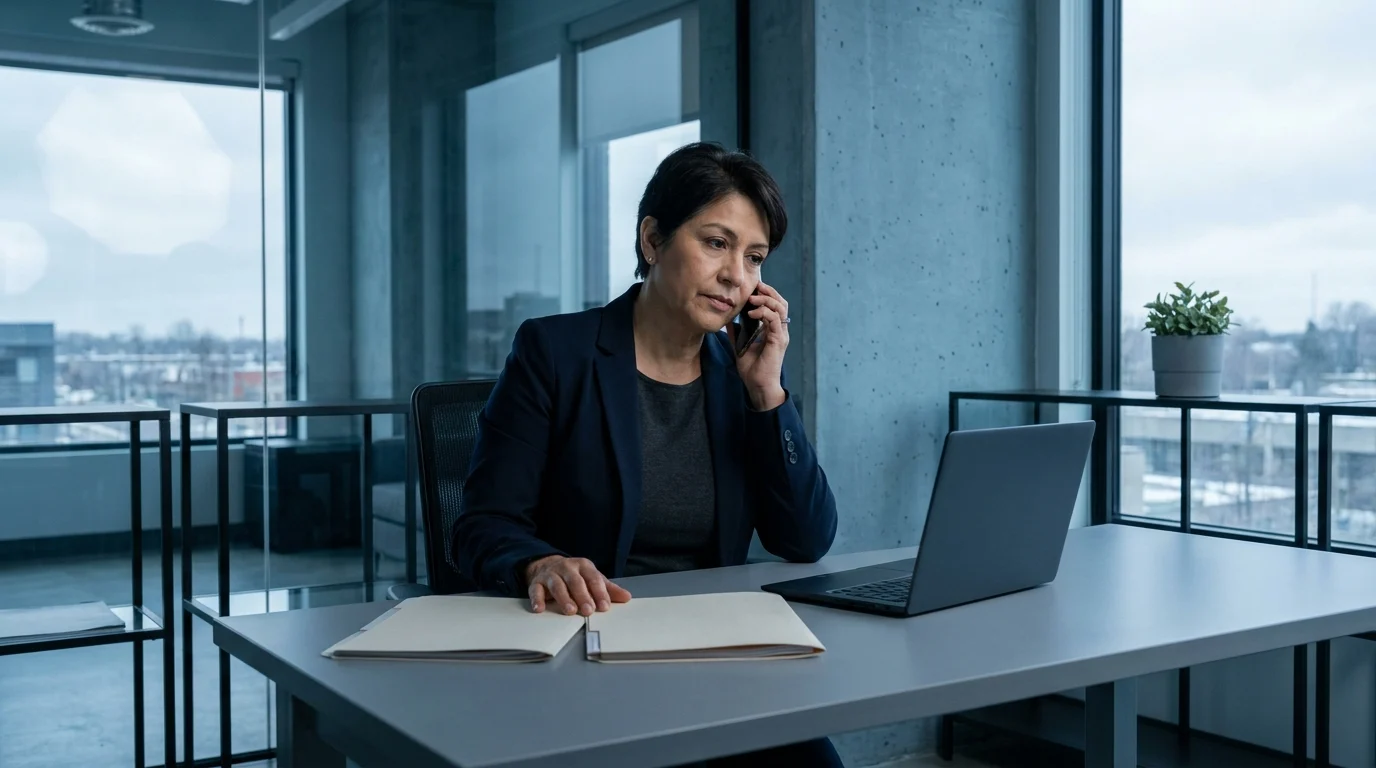 A billing manager on the phone with folders and a laptop on her desk