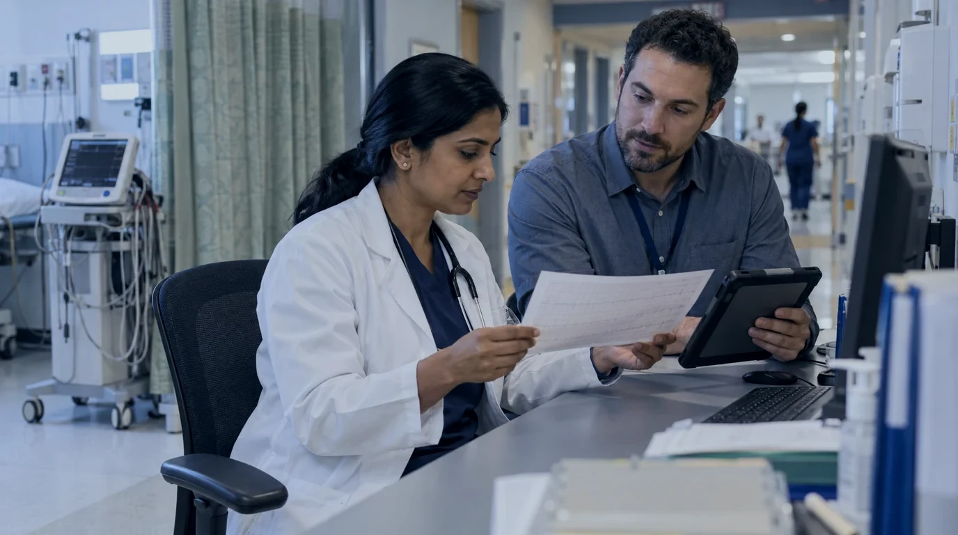 A cardiologist and a clinical systems specialist check an ECG review record at a hospital workstation