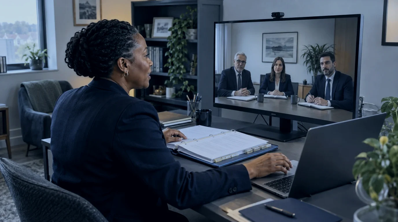 A finance controller reviewing audit records with a remote audit committee on a large video screen