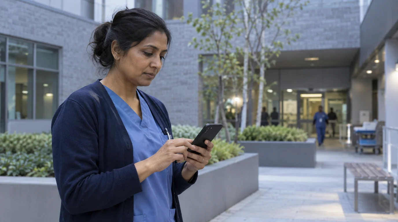 A clinical operations lead looks up a record on her phone in a hospital courtyard