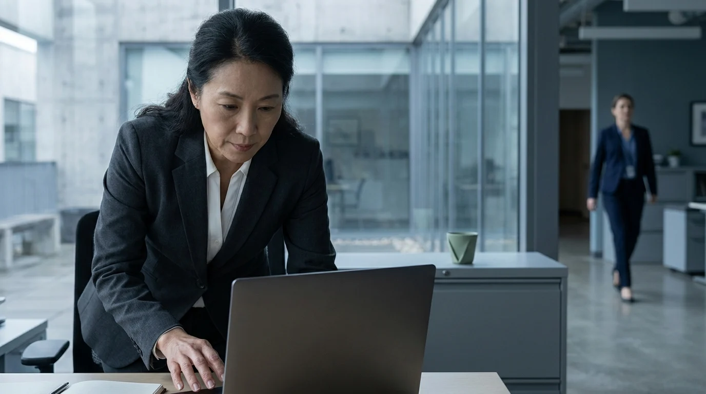 A clinical operations lead working at a laptop, its plain lid facing the camera