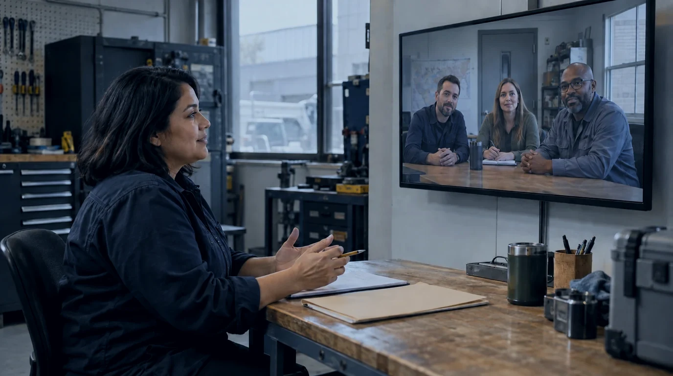 A service manager talks with a remote team on a large video screen in a workshop office