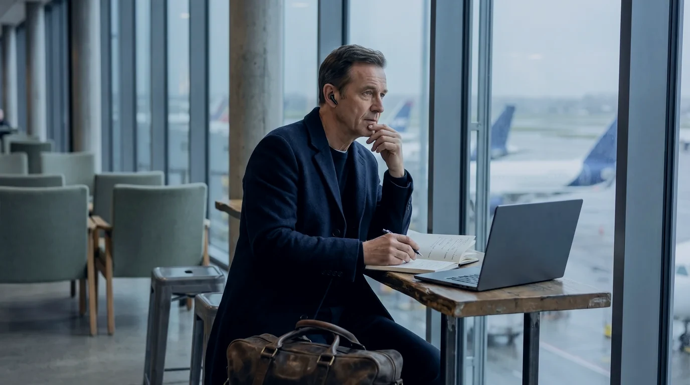 An operations director listens to a first call with a notebook at an airport lounge window