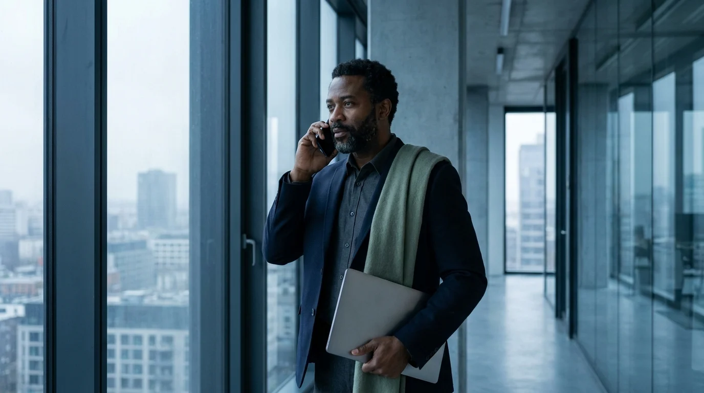 A telecom director on a phone call in a glass corridor above the city, holding a closed laptop