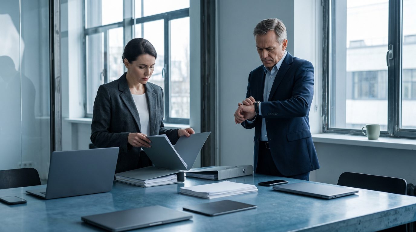 A chief financial officer and a controller reviewing binders under deadline