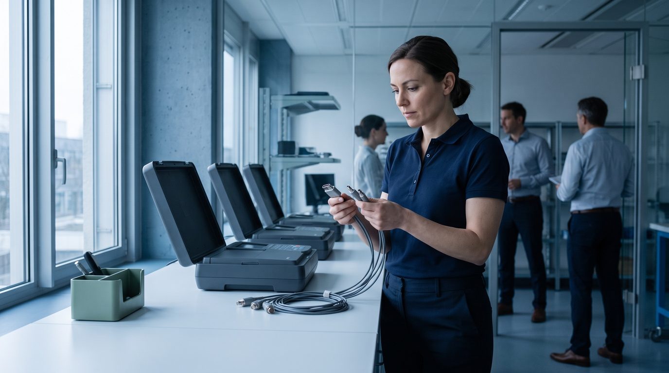 A clinical technician inspecting recording equipment while colleagues work nearby