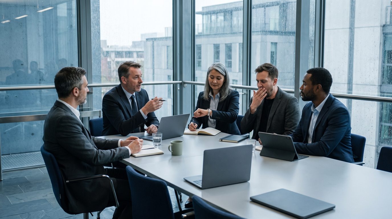A weekly status meeting with managers around a table