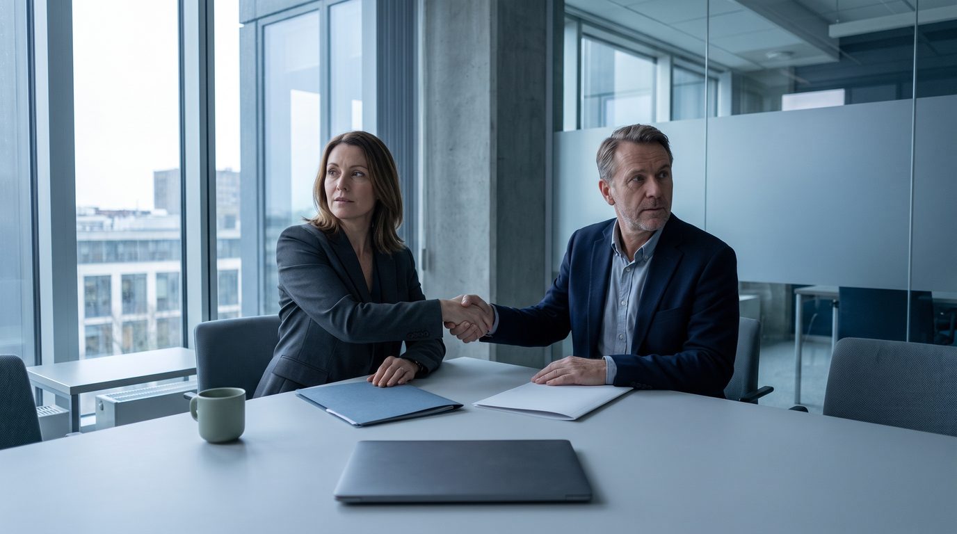 Two managers from different companies shaking hands across a table