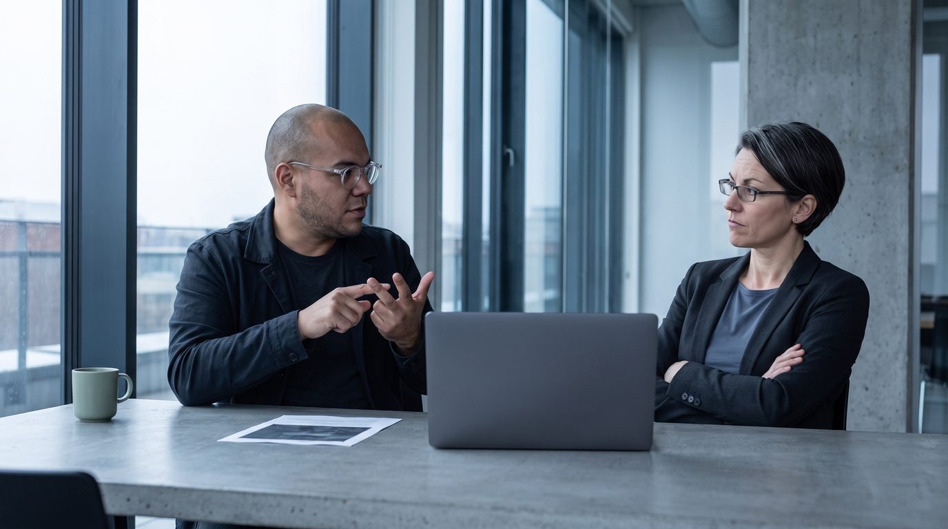 Omar Trejo counting on his fingers across a meeting table from Reid, the host, arms crossed