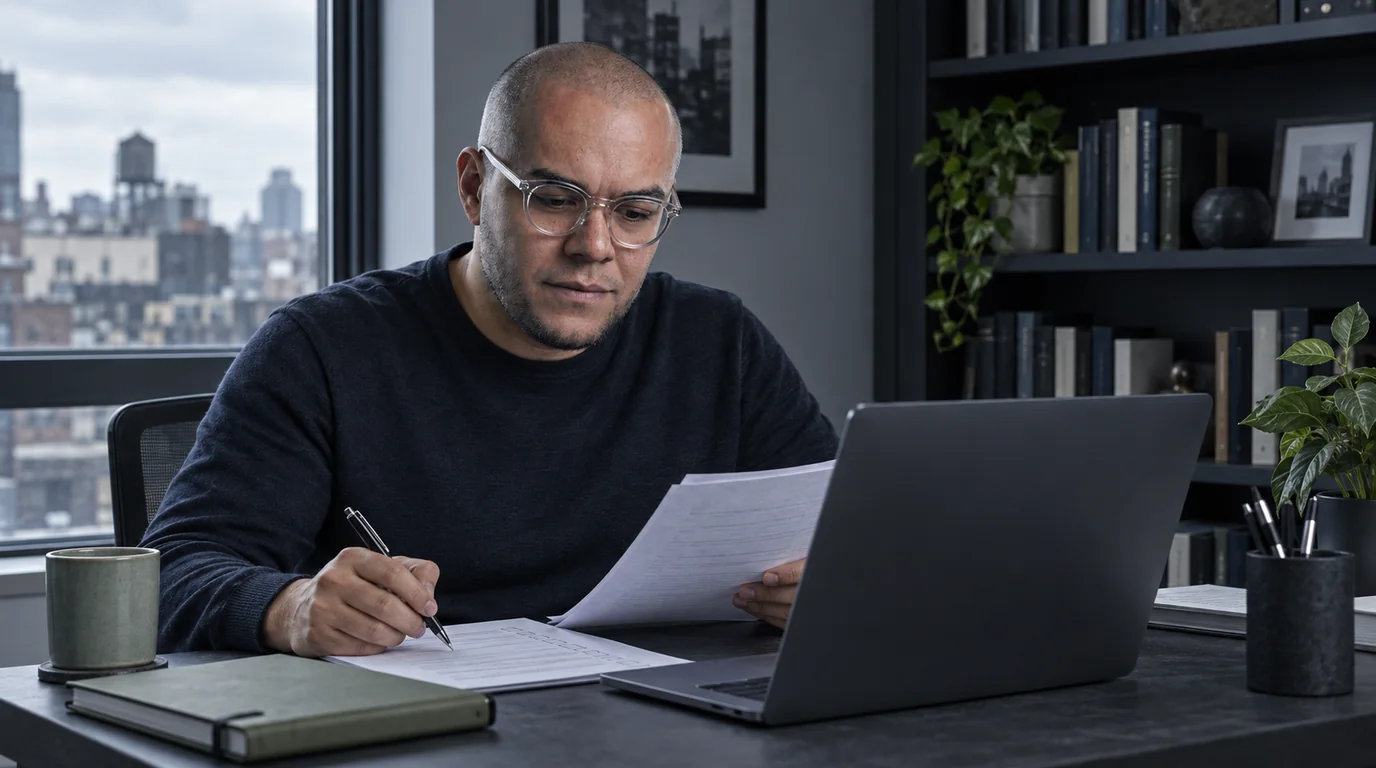 Omar Trejo marks up a printed checklist beside his laptop at a desk by a window over the city