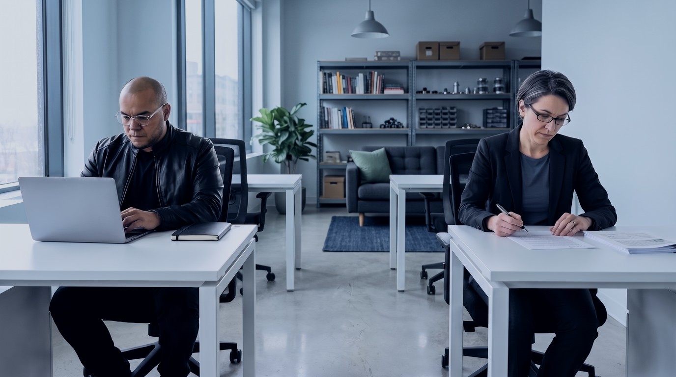 Omar Trejo works at his laptop while Reid, at a separate desk two metres away, checks a printed page of his output