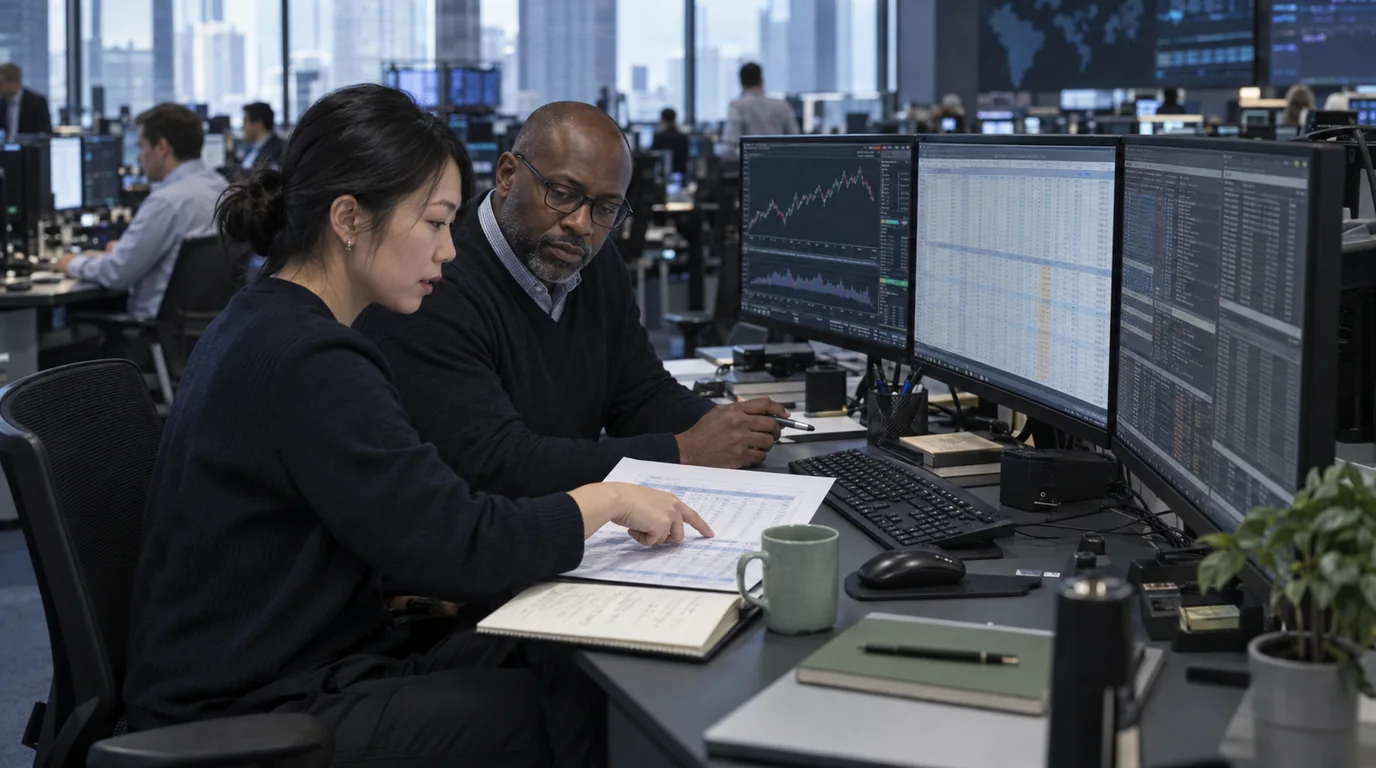 A quantitative researcher and a finance controller review a cost sheet beside trading monitors on a busy floor