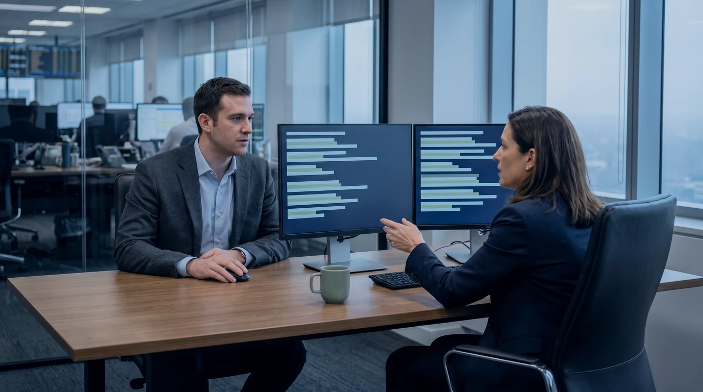 Two data engineers talk through rows of a dataset on two monitors at a shared desk, the trading floor behind the glass