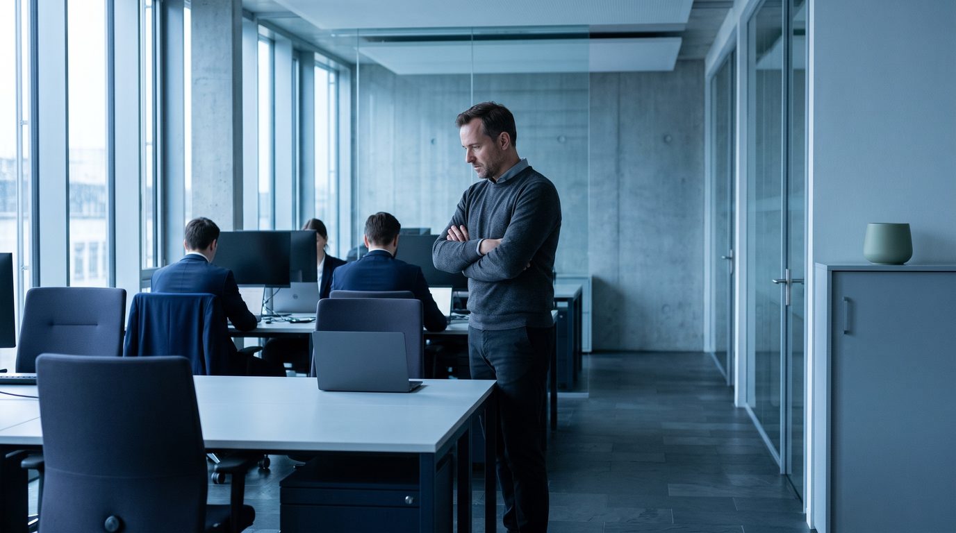 A manager alone beside an unused workstation in a busy office