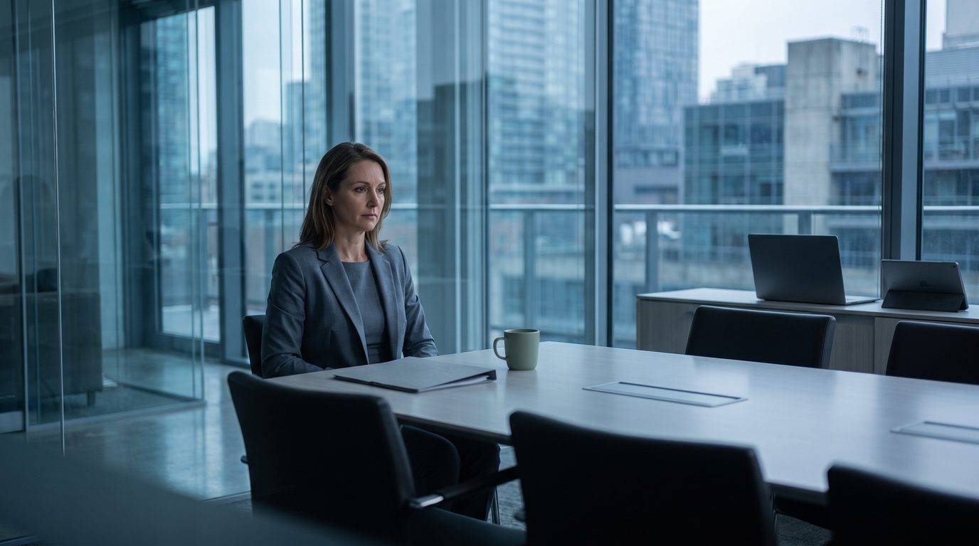 A programme director alone at a meeting table with empty chairs