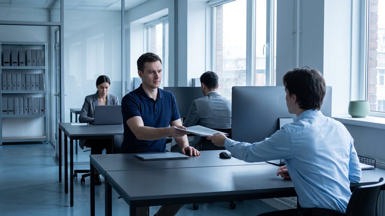 A field service coordinator handing a completed job folder to a billing clerk
