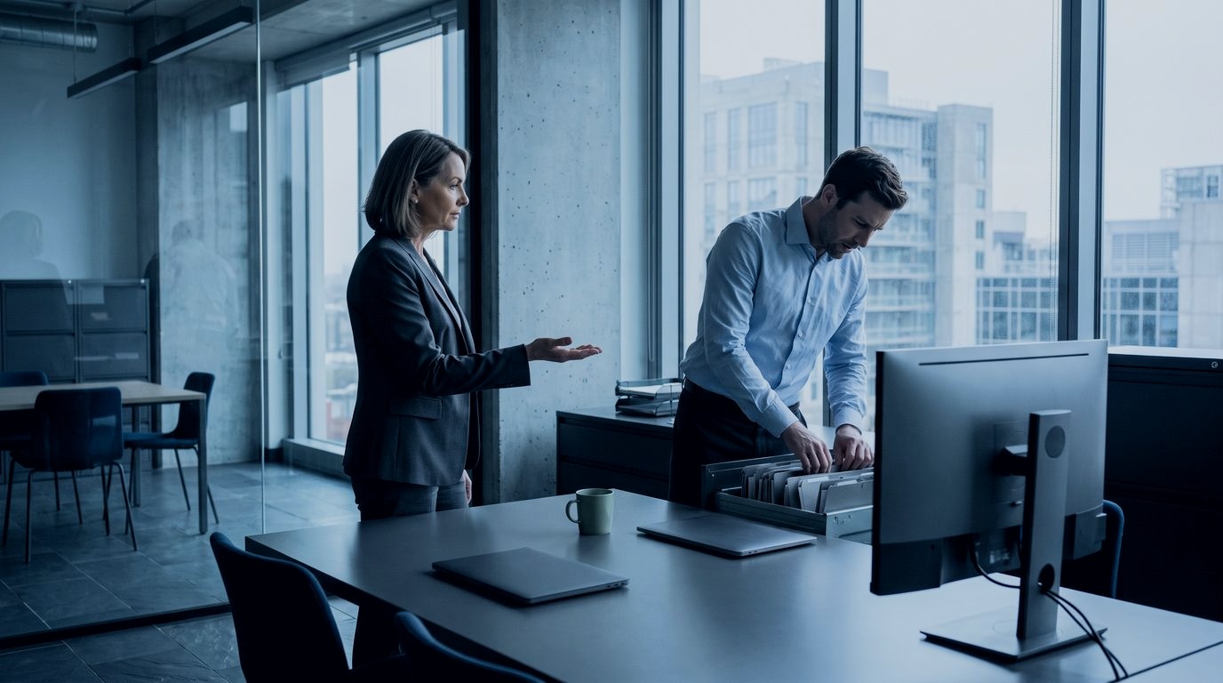 Two colleagues comparing papers at a desk near office windows