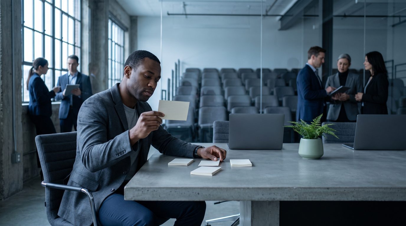 A moderator sorting audience question cards at a conference table