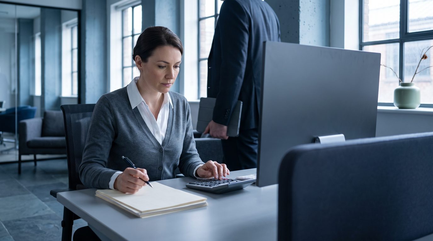 A woman checking paperwork beside her laptop at a shared desk