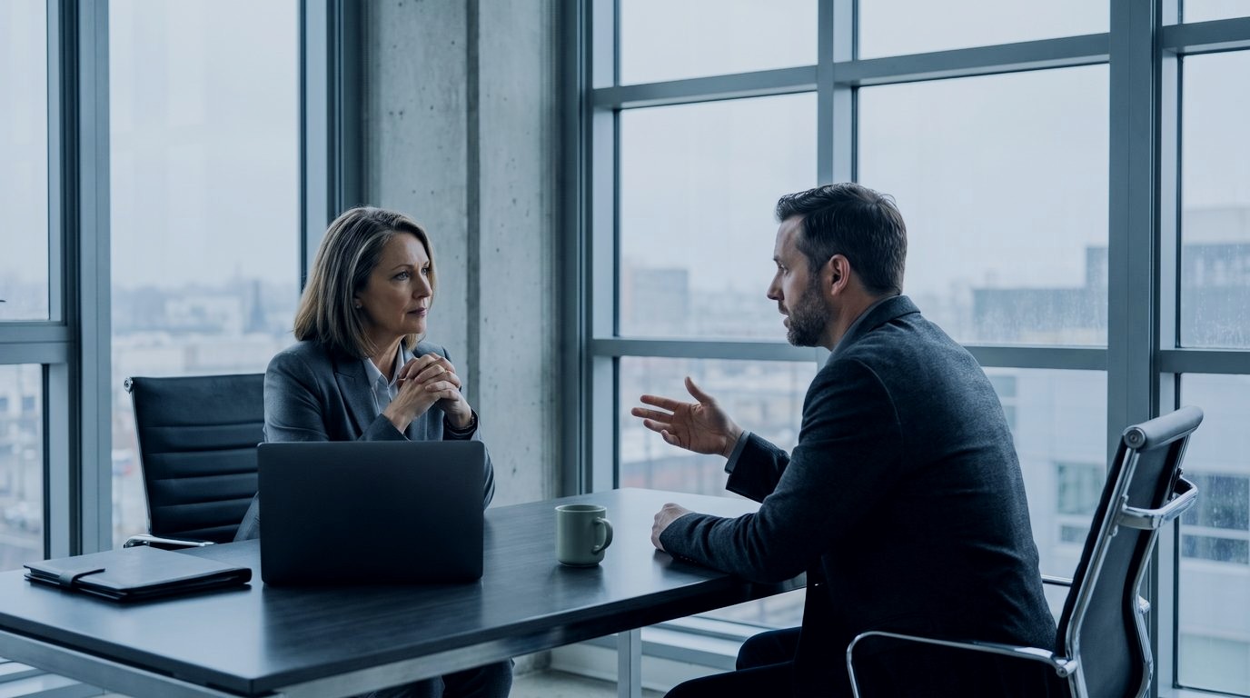 A woman and a man reviewing a document across a desk by office windows