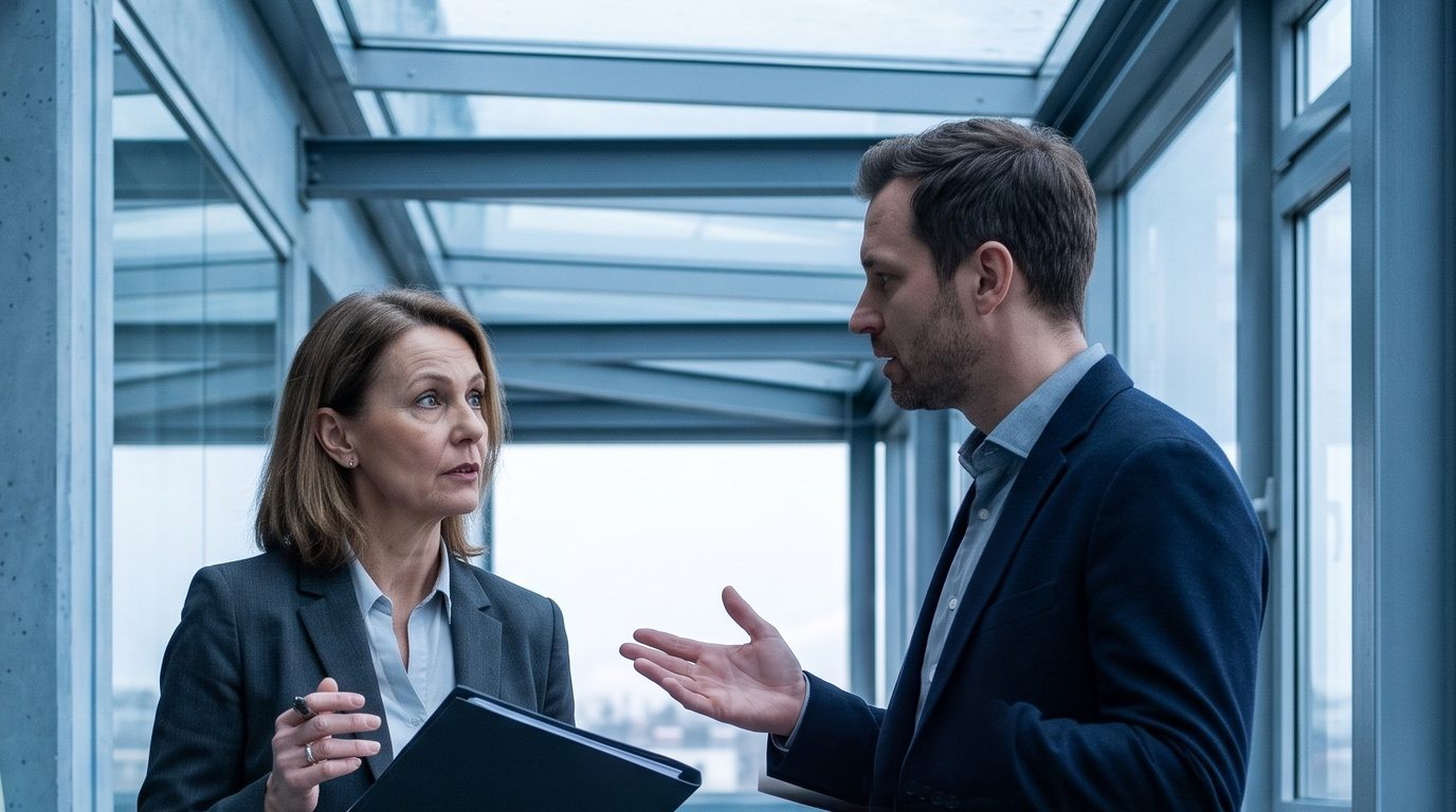 A finance director asks an operations manager where the savings went, in a glass-roofed atrium, his hand open in question