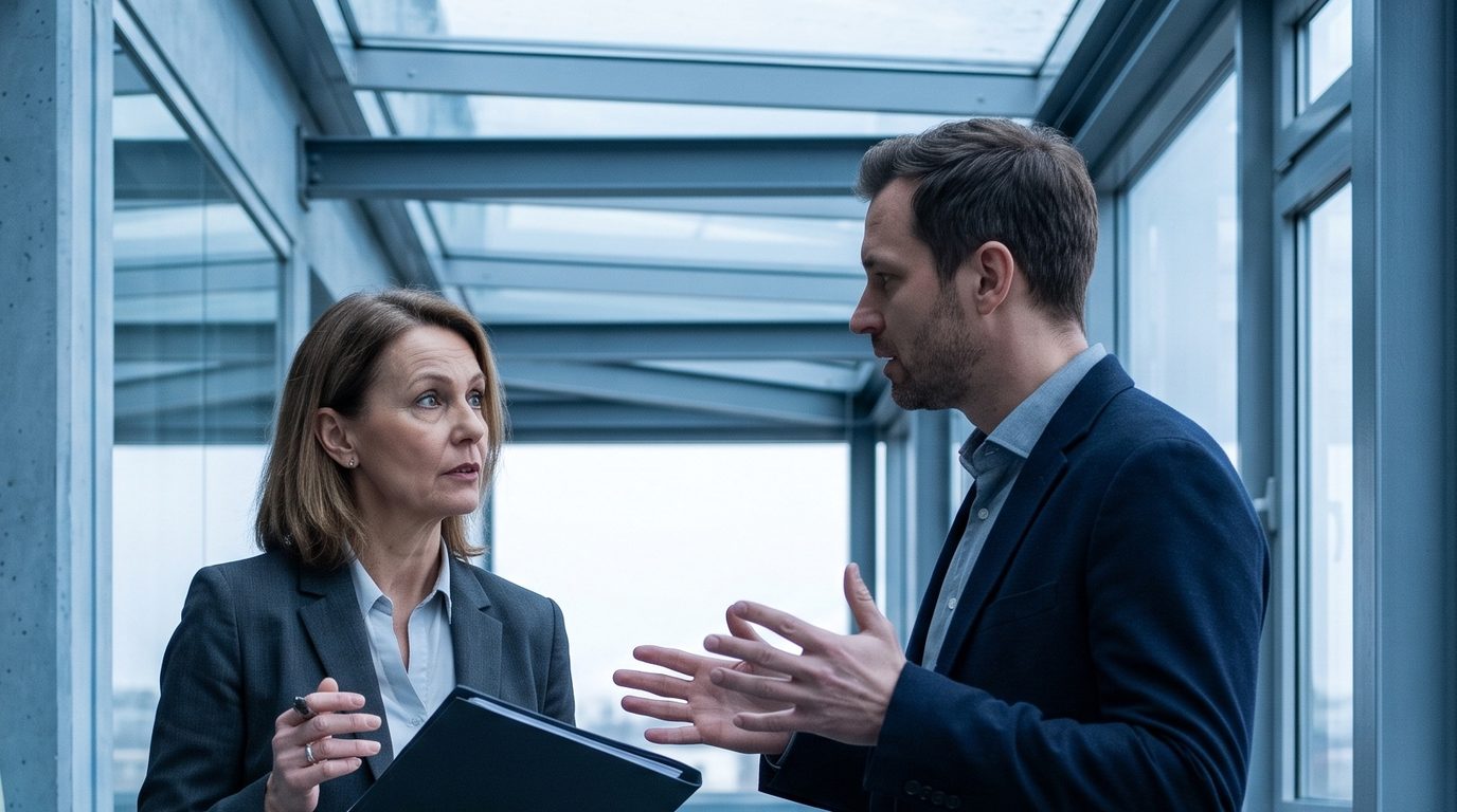 A finance director asks an operations manager where the savings went, in a glass-roofed atrium