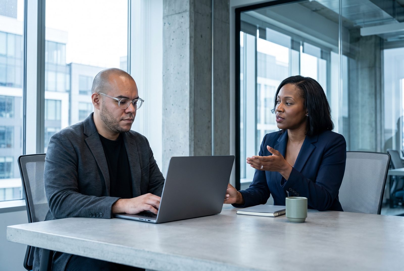 Omar Trejo at a laptop while a VP of Operations explains a step of her workflow