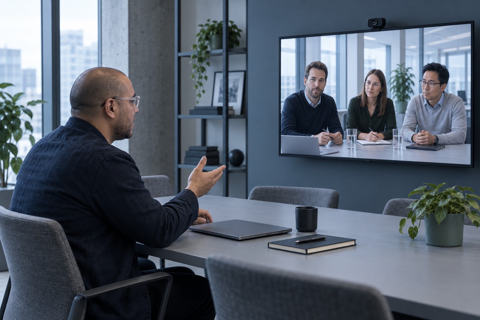 Omar joins a remote workshop with a client team shown on a wall display.