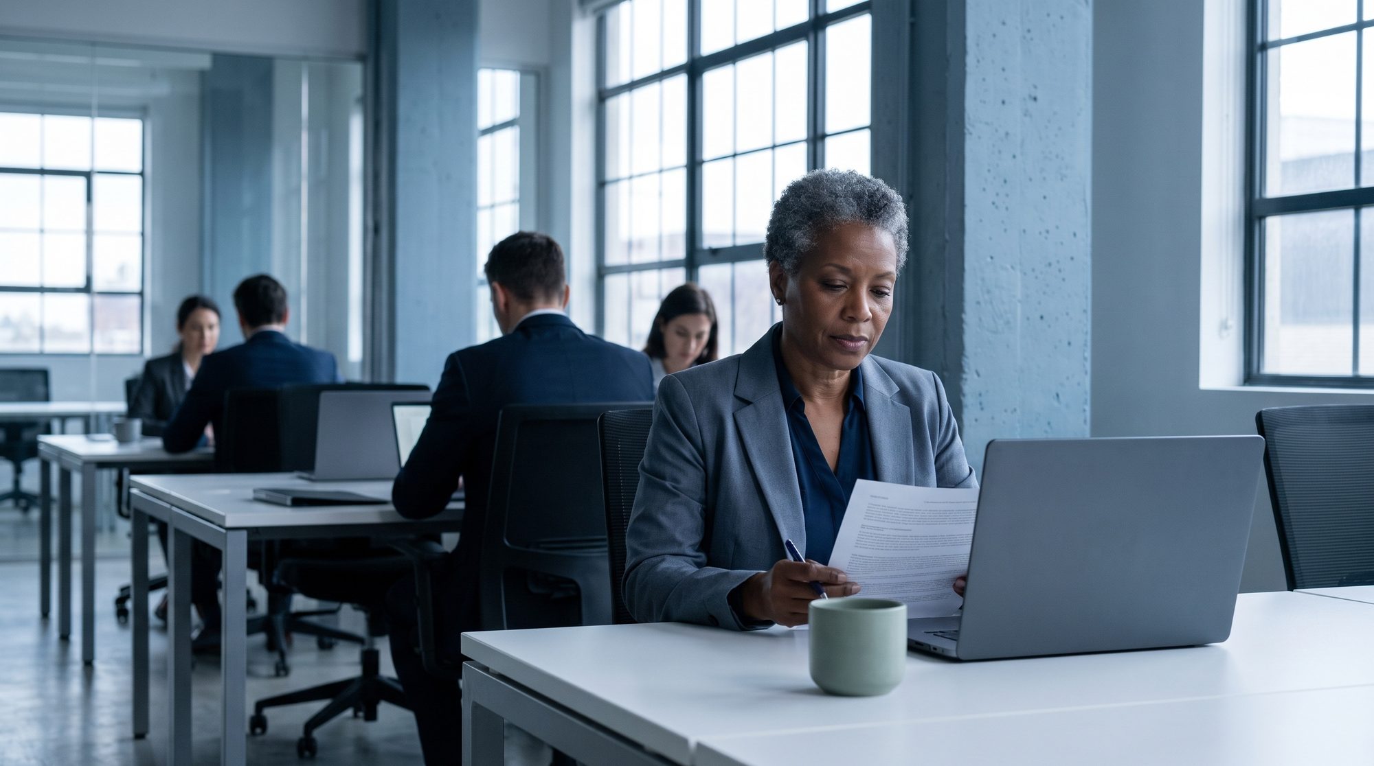 An operations director checks a printed report against her laptop at a desk in an open-plan office