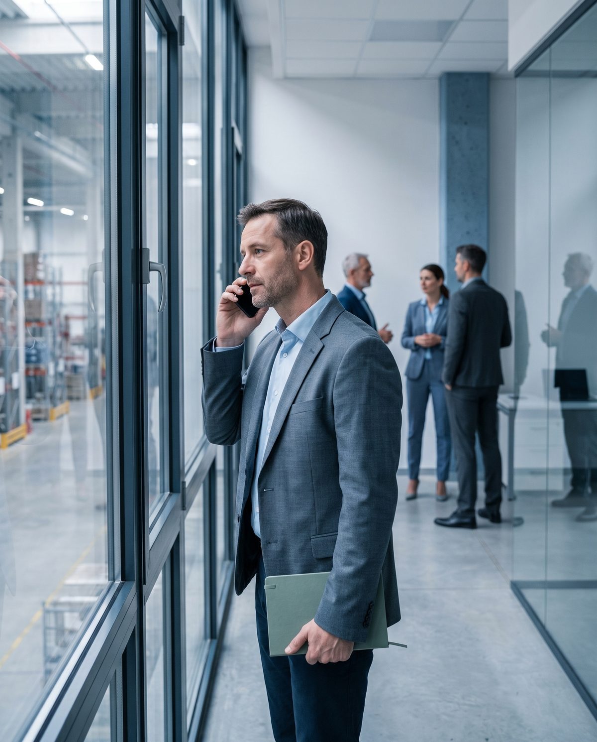 An operations manager on a phone call in an office above a distribution floor