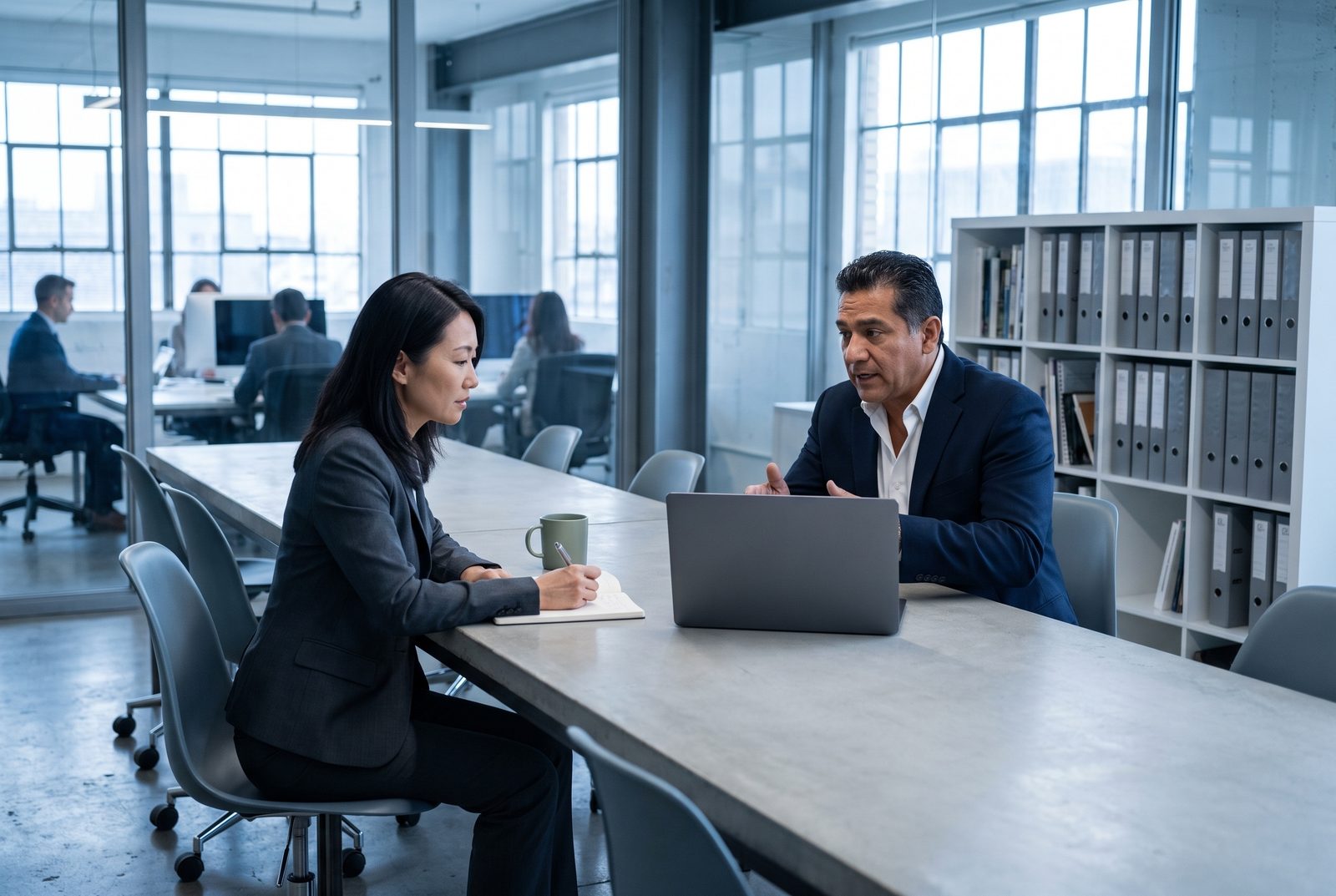 An operating partner taking notes while a portfolio COO talks through a laptop