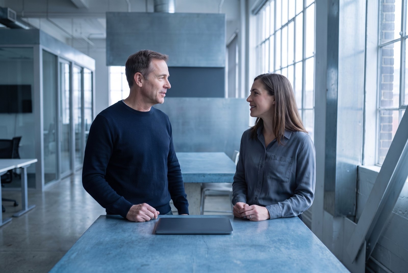 Two colleagues talking across a high concrete table in an open office, a closed laptop lying flat between them