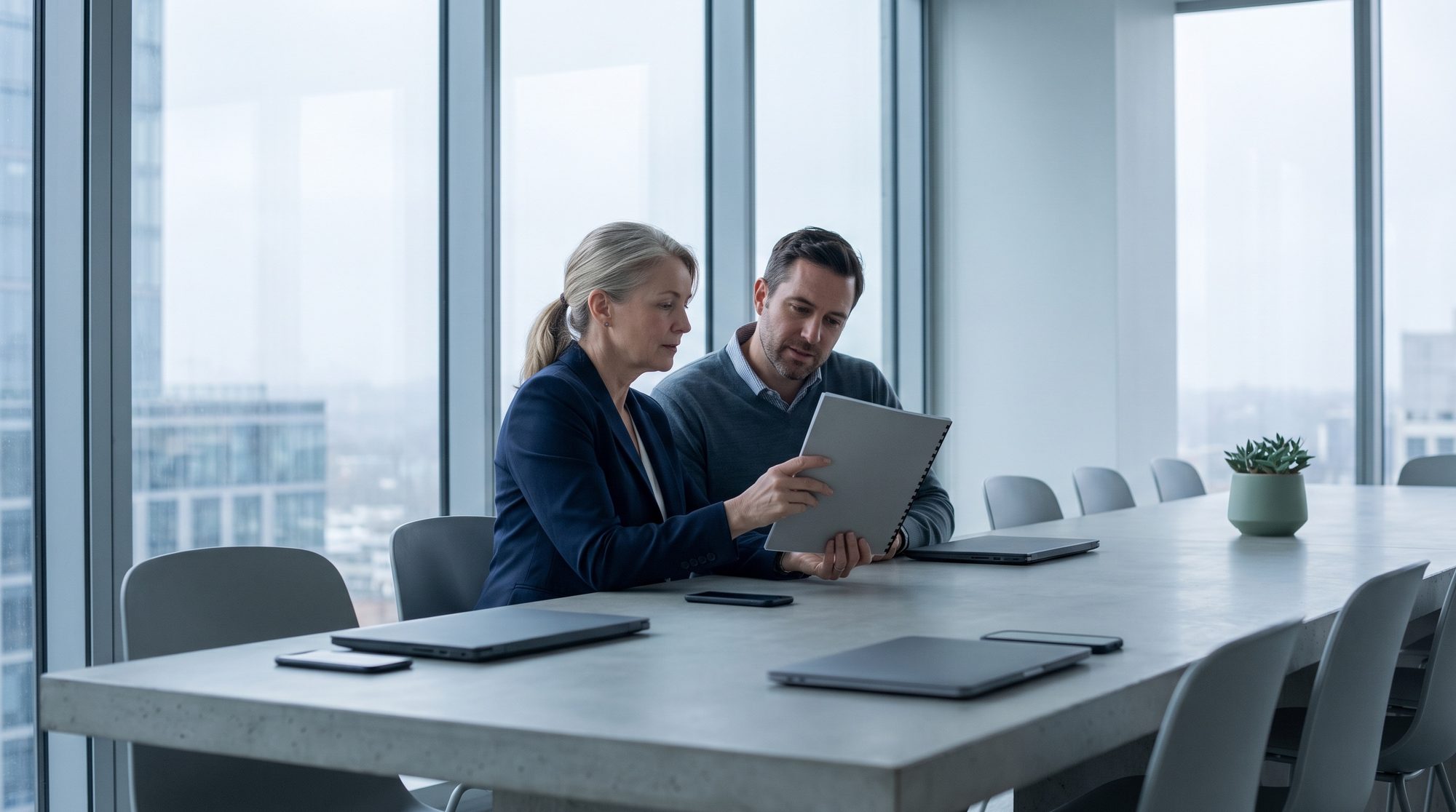 Two executives at a boardroom table reading one document together.