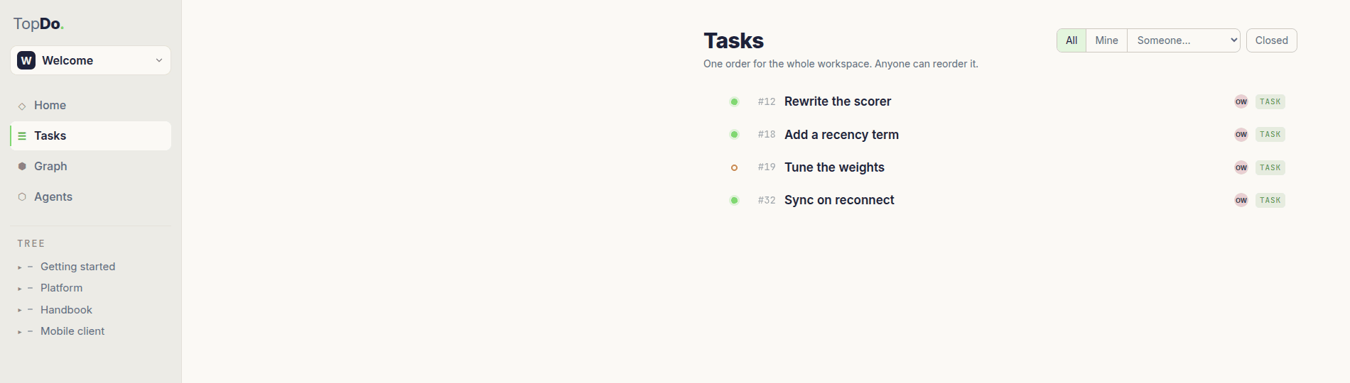 The TopDo task list: four items in one shared order — #12 Rewrite the scorer, #18 Add a recency term, #19 Tune the weights and #32 Sync on reconnect — each with a state dot, and #19 marked blocked while the other three are open.