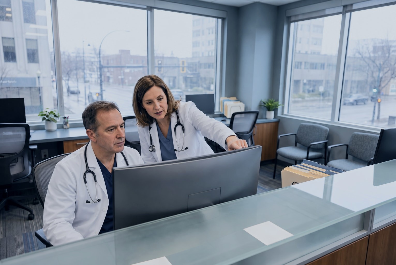 Two doctors in white coats review a clinical workstation together.