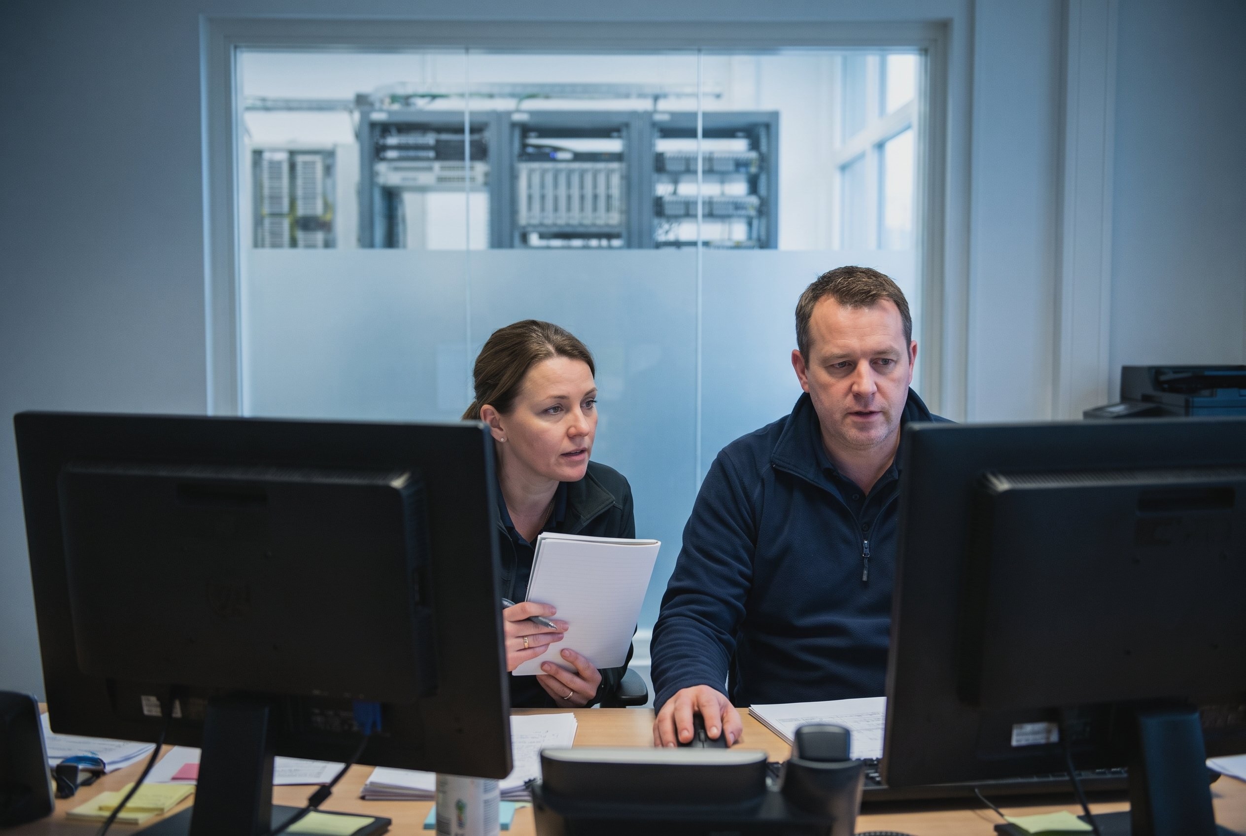 Two network operations specialists reviewing a routing decision